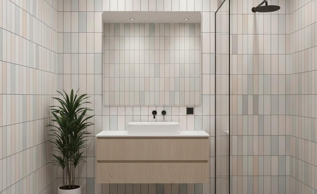 Vertical subway tile pattern in contemporary bathroom with floating vanity