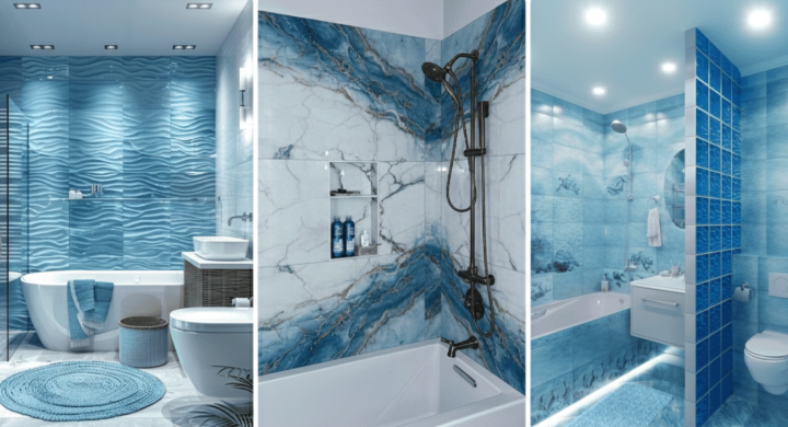 Triptych of three modern blue and white luxury bathroom designs