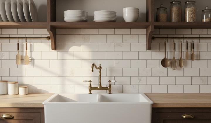 Rustic farmhouse kitchen featuring a white apron sink, brass faucet, and a backsplash of whisper white subway tiles.