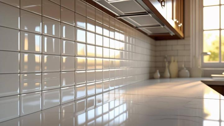 Sunlit kitchen close-up showing white glossy beveled subway tiles and a polished countertop.