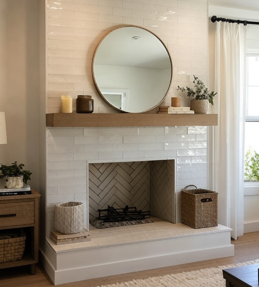 fireplace with beige and white subway tiles