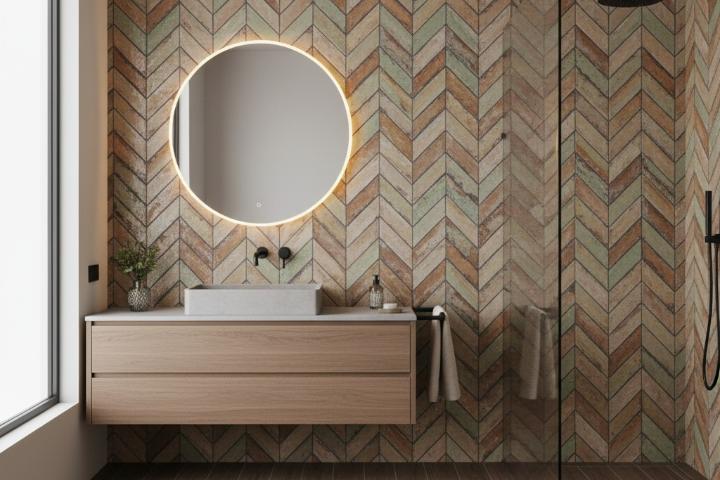 Modern bathroom with a wood vanity, a backlit mirror, and rustic, multicolored subway tiles in a herringbone pattern.