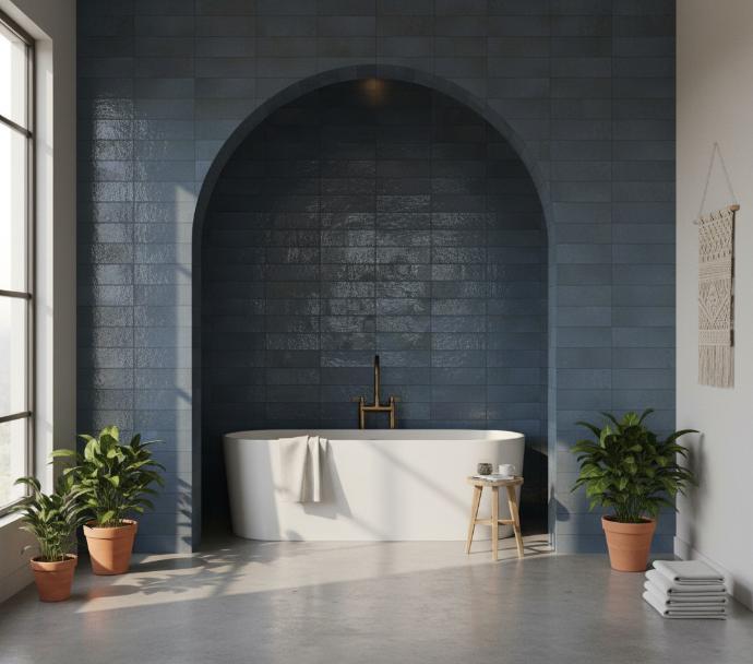 shorter Minimalist bathroom with a white freestanding tub set in an arch tiled with deep blue Montera glossy subway tile.