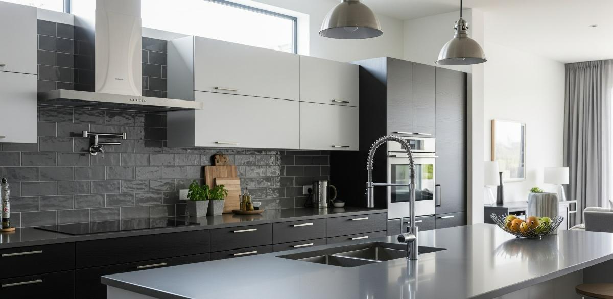 Gray subway tile backsplash in modern kitchen with black cabinets