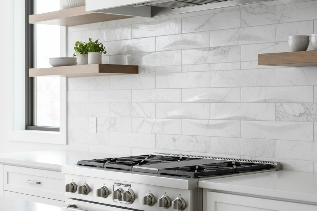 White marble subway tile backsplash in modern kitchen with floating shelves