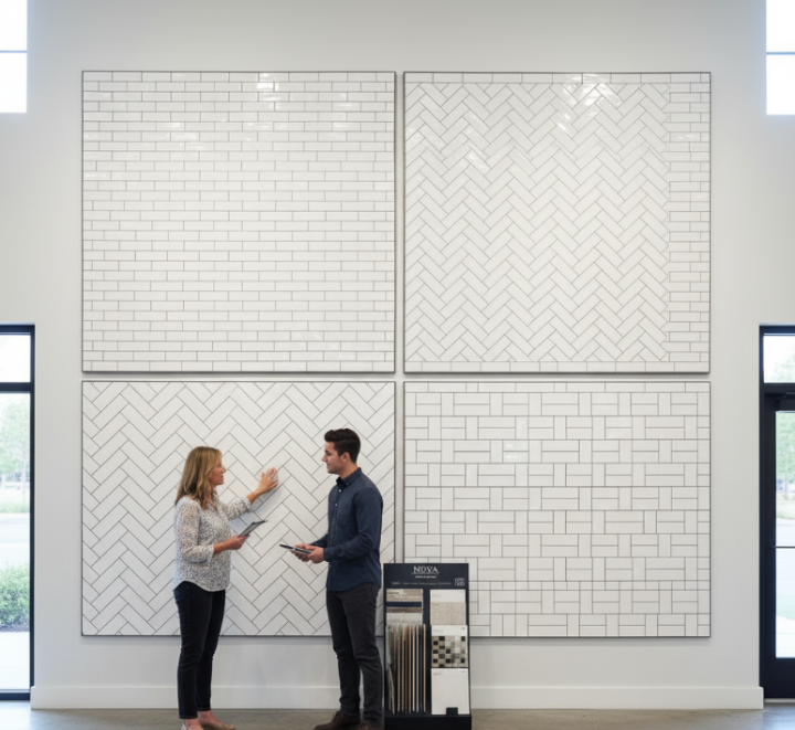 Two people in a showroom viewing large white subway tile displays, illustrating that layout options are limitless with various patterns like herringbone and running bond.
