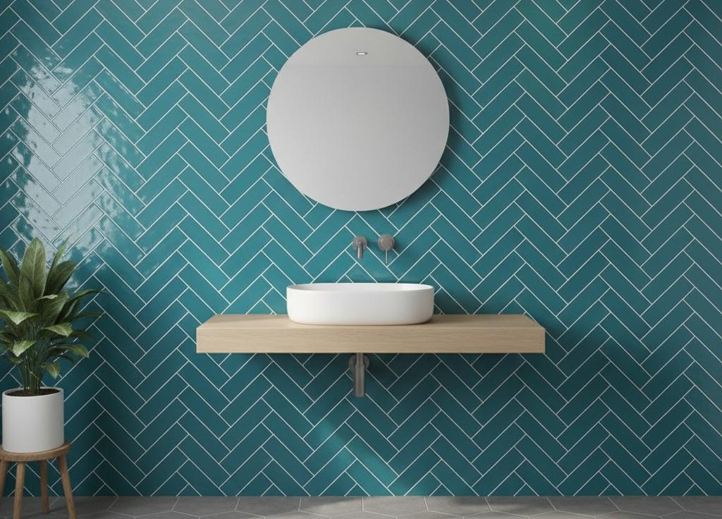 Teal subway tile herringbone pattern bathroom wall with floating vanity