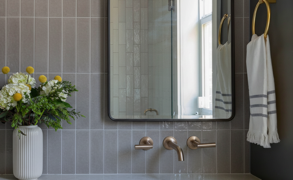 Horizontal grey subway tiles on bathroom behind mirror