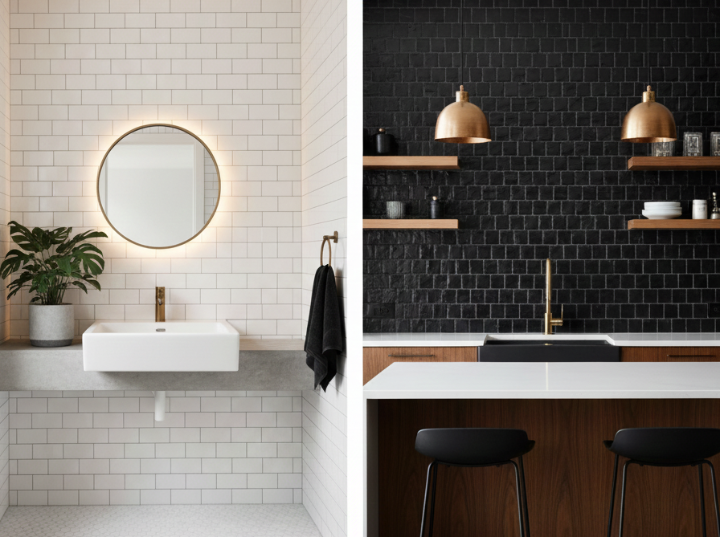 Beyond White and Black aesthetic tile collage showing a black and white geometric pattern bathroom wall tile beside a simple white subway tile kitchen backsplash.
