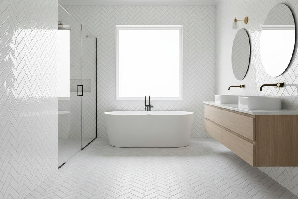 White herringbone tile in modern bathroom with freestanding tub