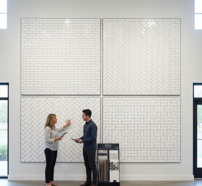 White subway tile installation patterns displayed on showroom wall