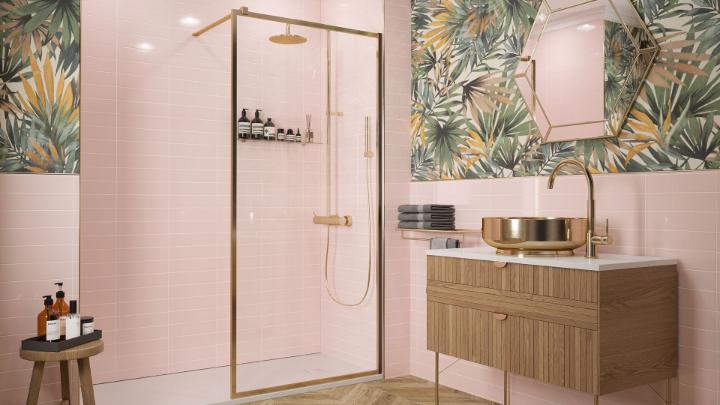 Pink bathroom subway tile reflecting a luxurious and spa-like atmosphere for aesthetic appeal.