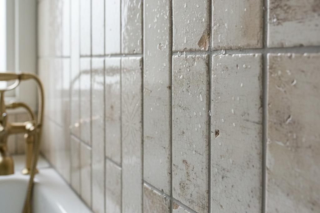 Vintage weathered subway tile backsplash with vertical installation
