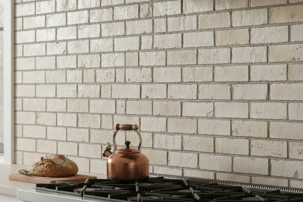 White subway tile backsplash in kitchen with copper kettle