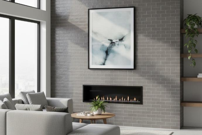 Grey matte subway tile accent wall in contemporary living room