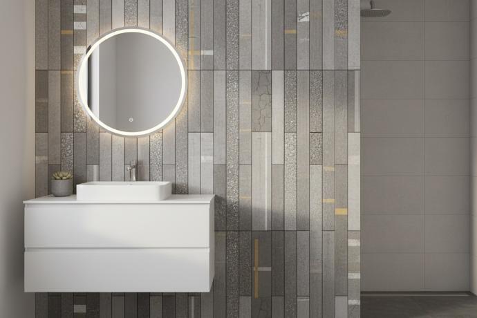 Contemporary bathroom featuring elongated 3x8 subway tile backsplash in vertical stack bond layout