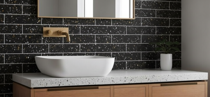 A close-up of a modern bathroom vanity featuring black elongated 3x8 subway tiles with a speckled terrazzo pattern and white grout