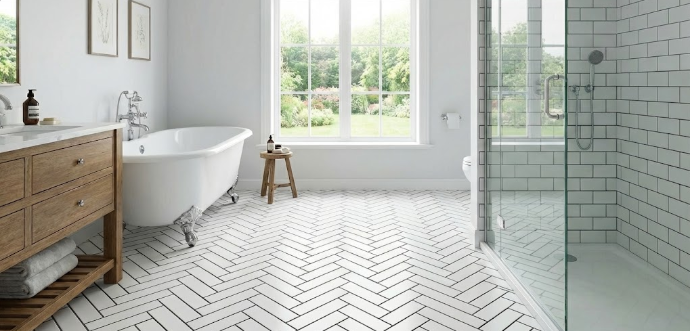 herringbone subway tile floor