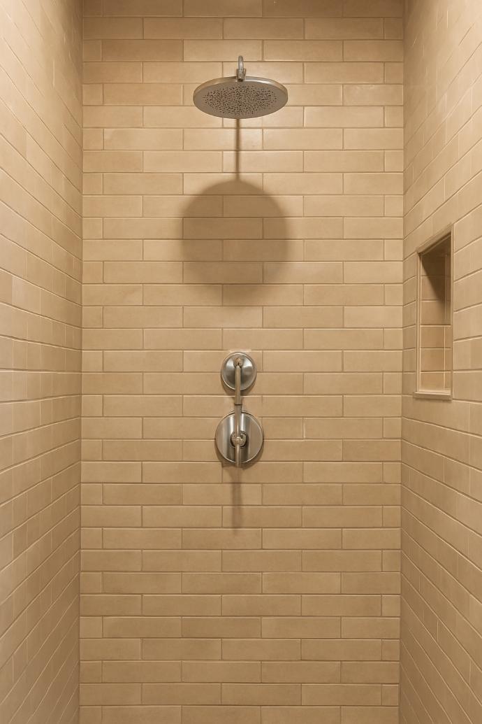 Luxurious walk-in shower with porcelain stacked 3x6 subway tile walls in beige tone with chrome rainfall showerhead