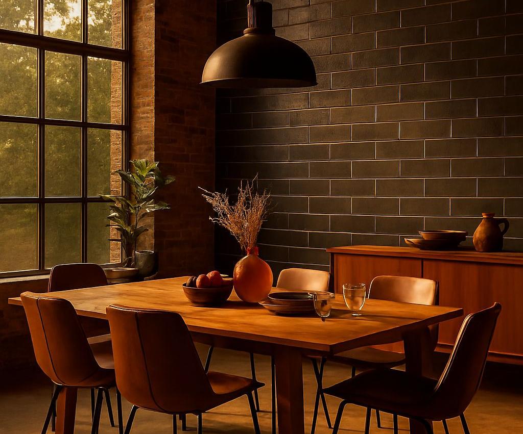 Dining room featured with 5x10 subway tile in warm, late-afternoon sunlight