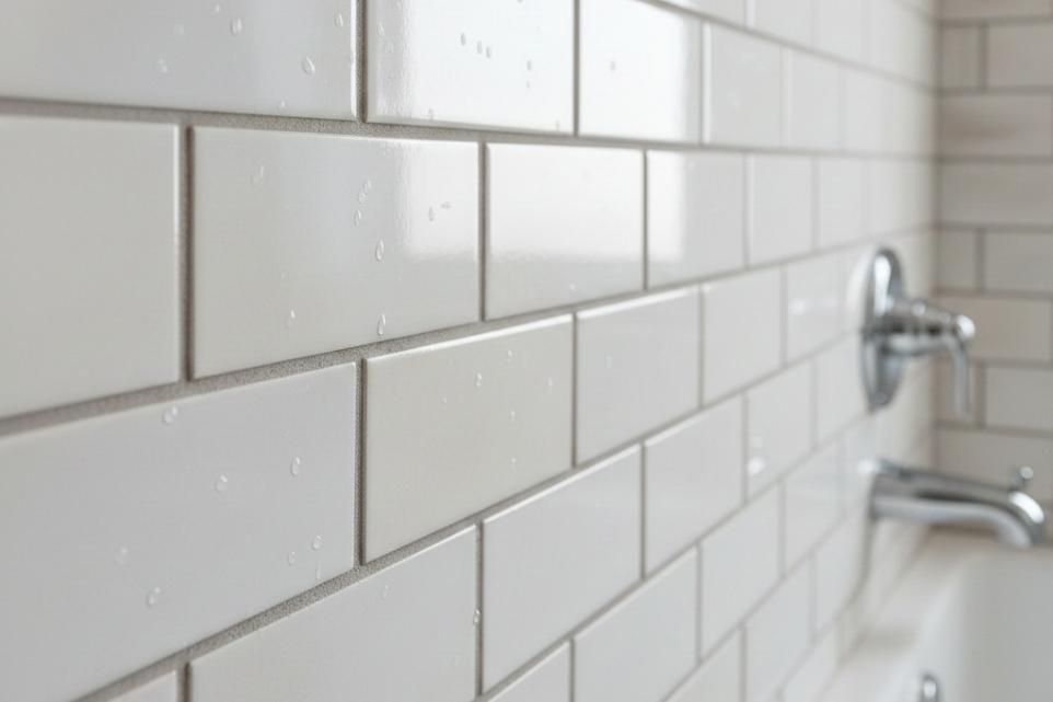Close-up of white glossy 3x9 subway tiles in a horizontal pattern on a kitchen backsplash.