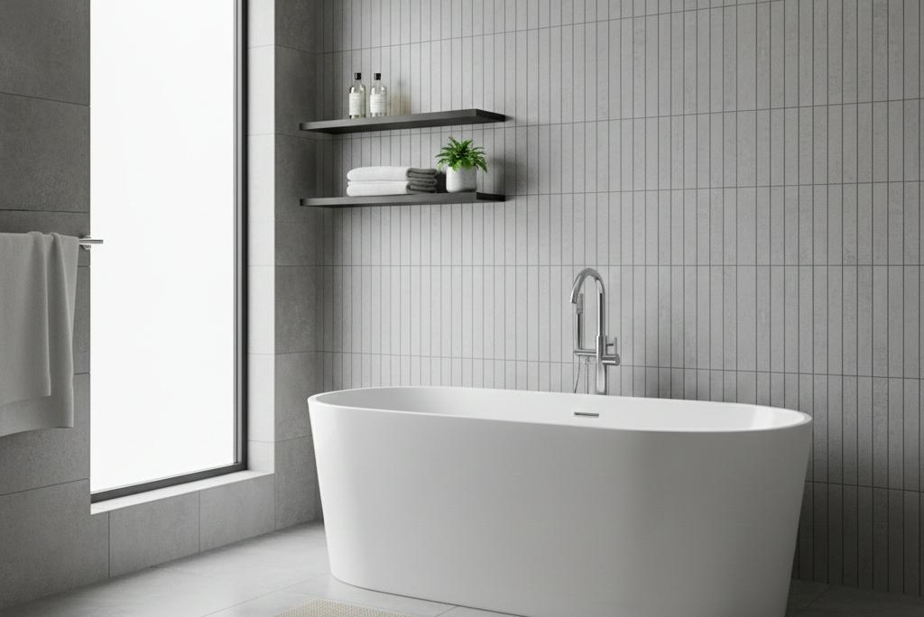 Modern bathroom with stacked subway tile and freestanding tub