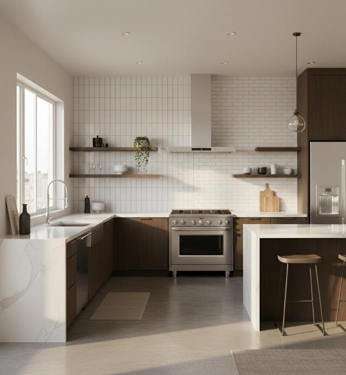 Kitchen backsplash comparison showing stacked pattern versus traditional offset subway tile layout highlighting fewer grout lines