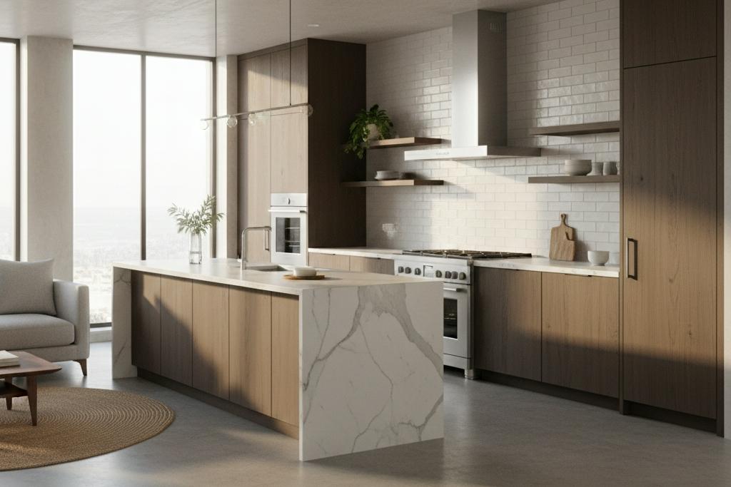 Kitchen with cement subway tile backsplash and wood cabinets