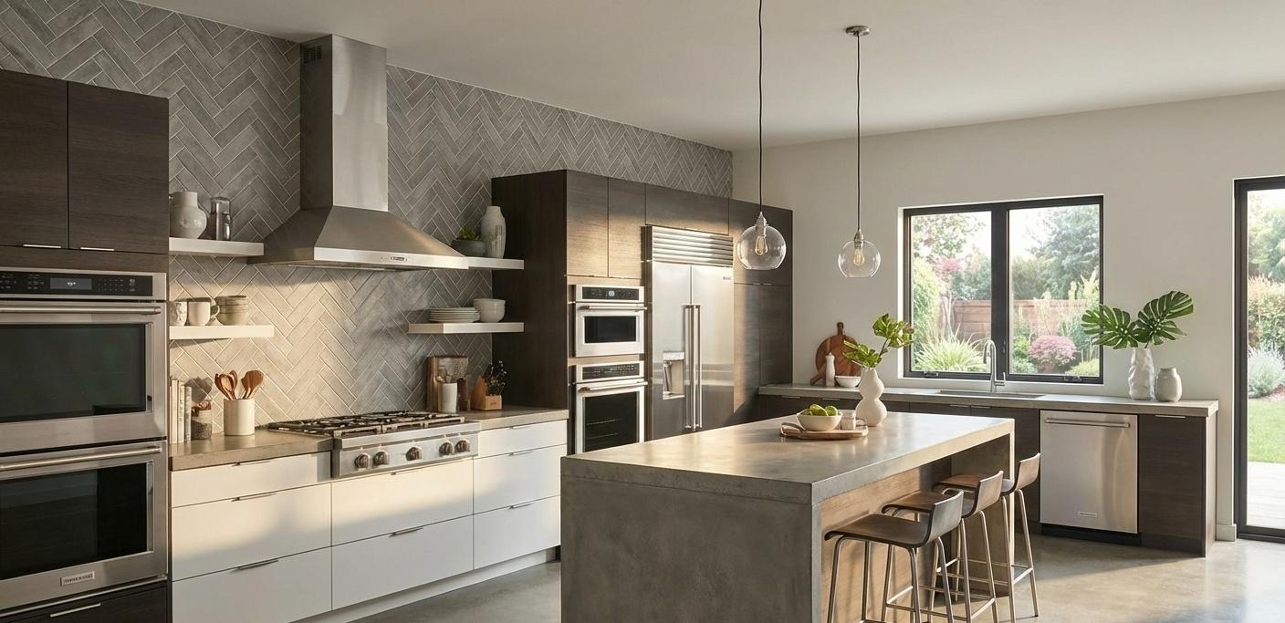 Cement look subway tiles kitchen backsplash in herringbone pattern