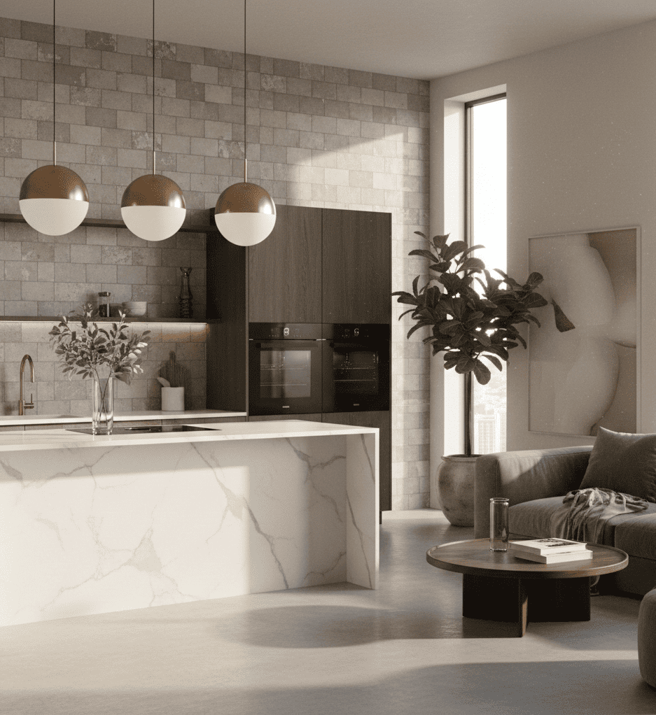 Modern open-plan kitchen featuring cement look subway tiles on a full-height accent wall