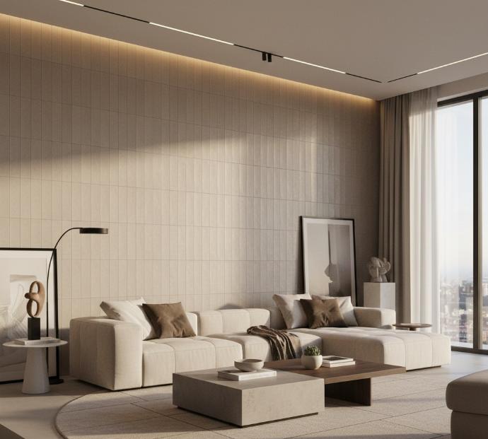 Matte finish limestone look porcelain subway tiles in neutral beige creating textured feature wall