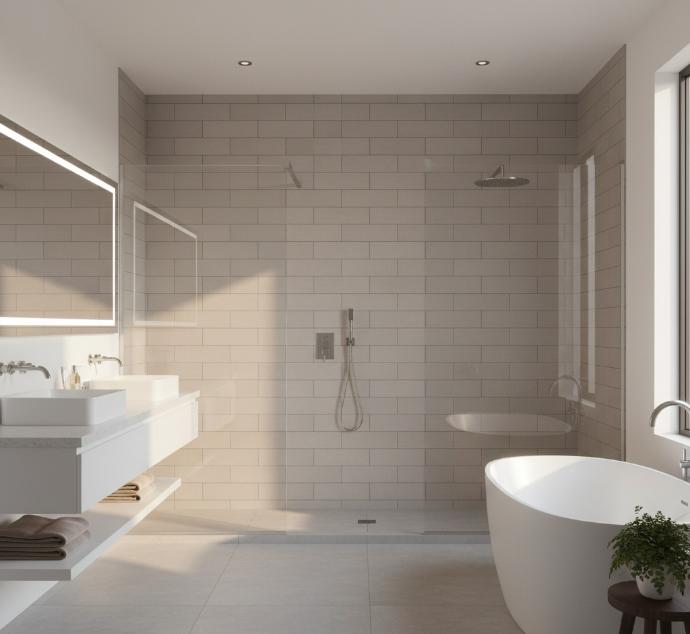 Limestone look subway tiles installed on bathroom shower wall with matte finish and horizontal stacking pattern