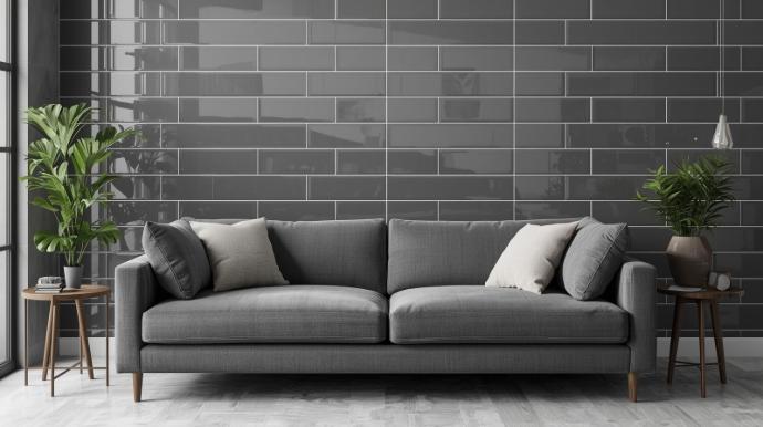 Close-up of glossy grey subway tile showing reflective polished finish and smooth glazed surface