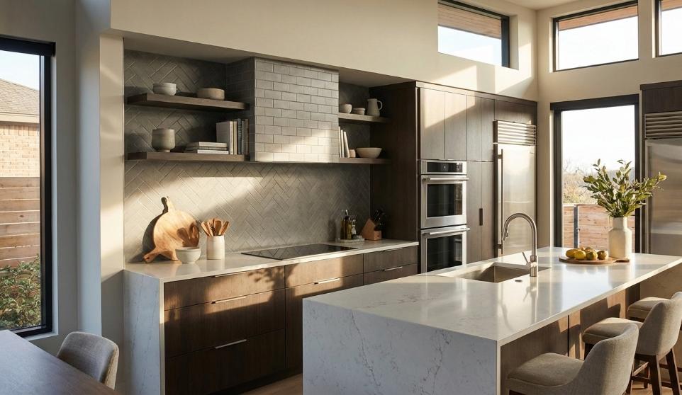Quartz look subway tiles for kitchen backsplash in contemporary space.