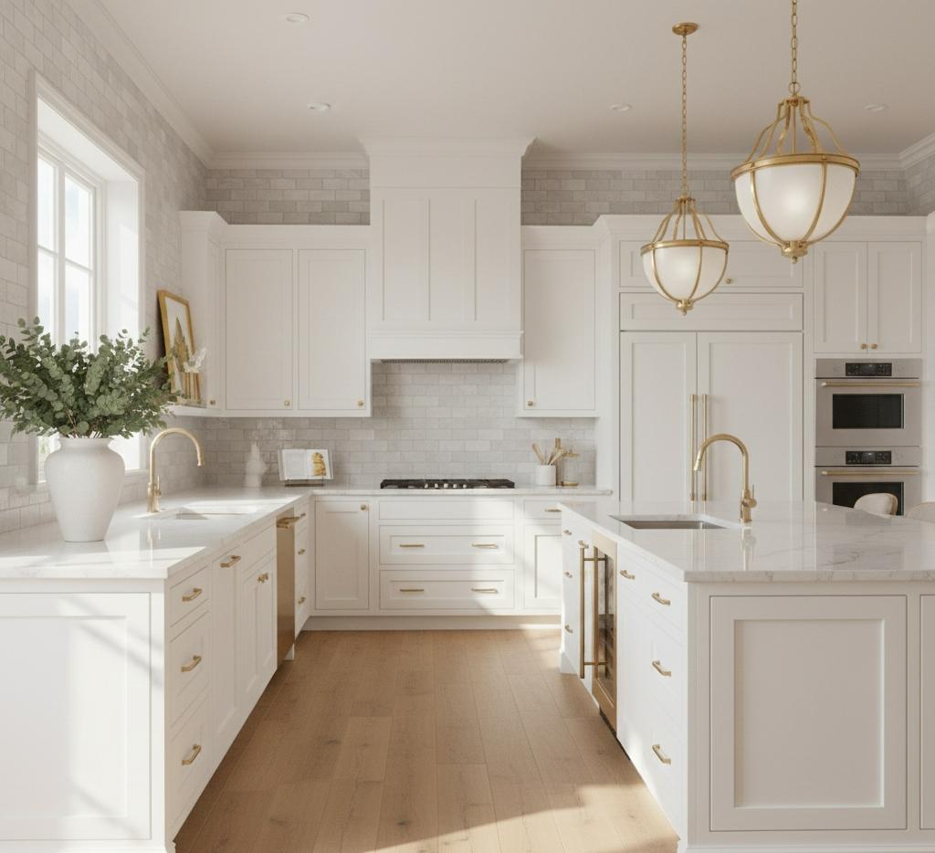 Quartz look subway tiles modern kitchen backsplash with white cabinets and gold fixturesQuartz look subway tiles modern kitchen backsplash with white cabinets and gold fixtures