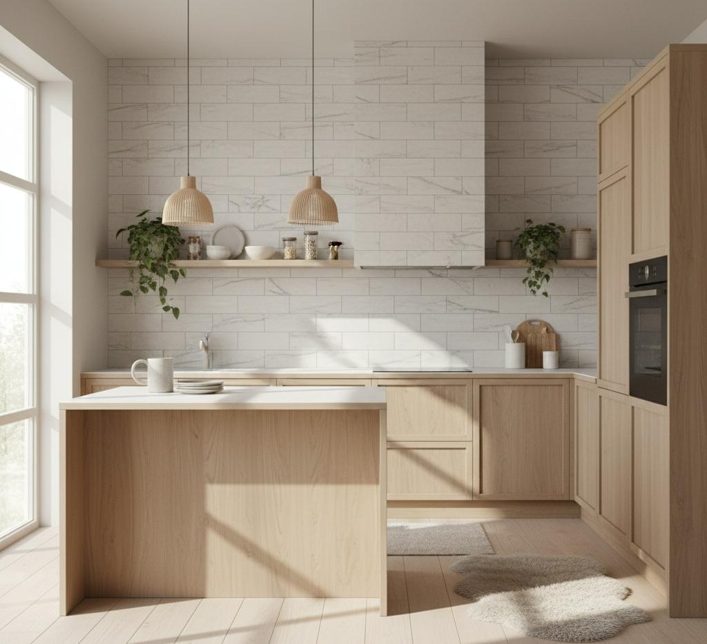 Modern kitchen space with Limestone look subway tile