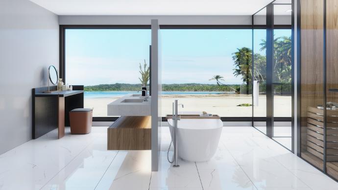 Venezia 24x48 Polished Marble Look Porcelain Tile installed in a contemporary bathroom floor.