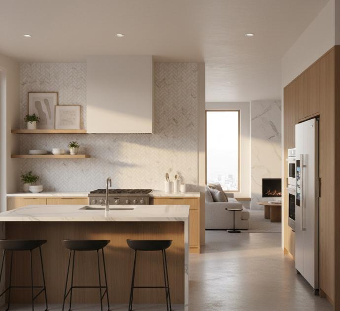 Herringbone pattern marble look porcelain subway tiles creating elegant kitchen backsplash design