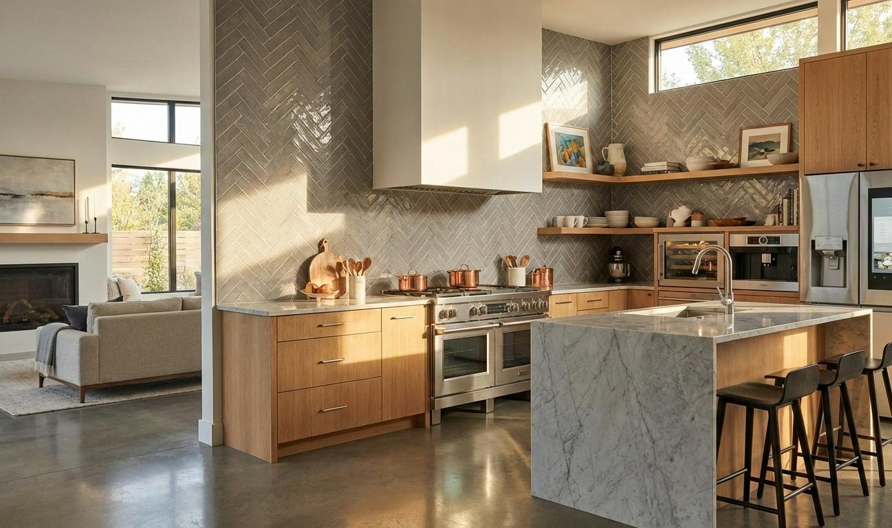 Quartz look subway tiles in herringbone pattern kitchen backsplash