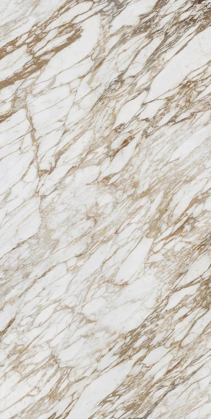 Close-up of Arabescato Diva Porcelain Slabs showing natural veining and golden details.
