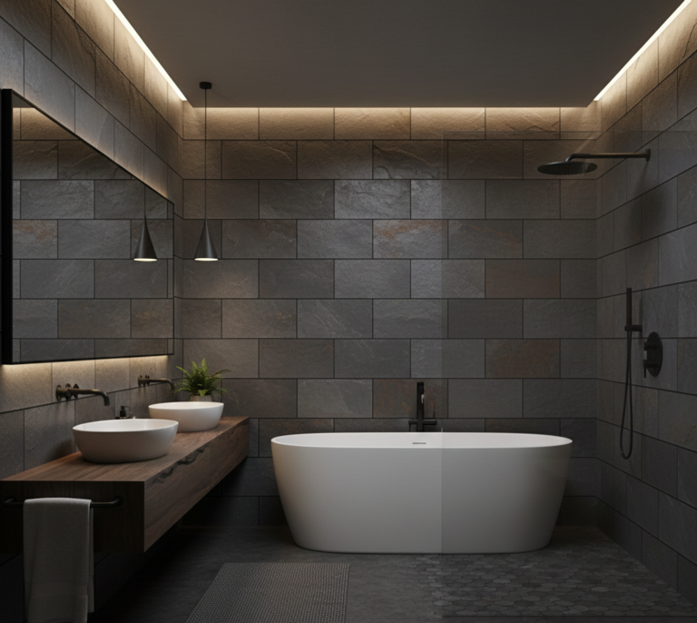 Modern bathroom featuring slate-look subway tiles on accent wall with ambient lighting