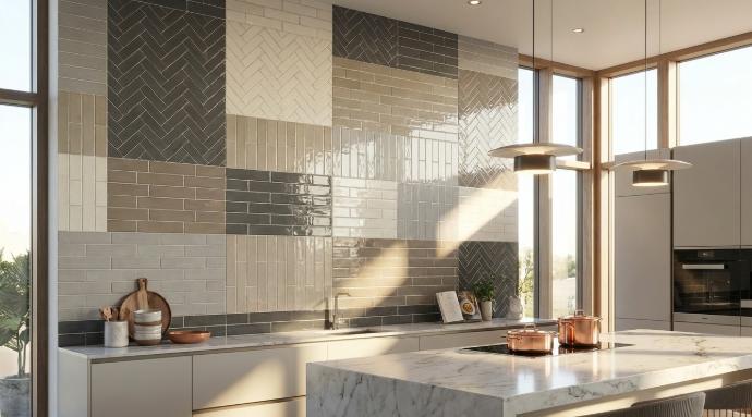 Multiple color options of quartz look porcelain subway tiles arranged to show design versatility for kitchen walls