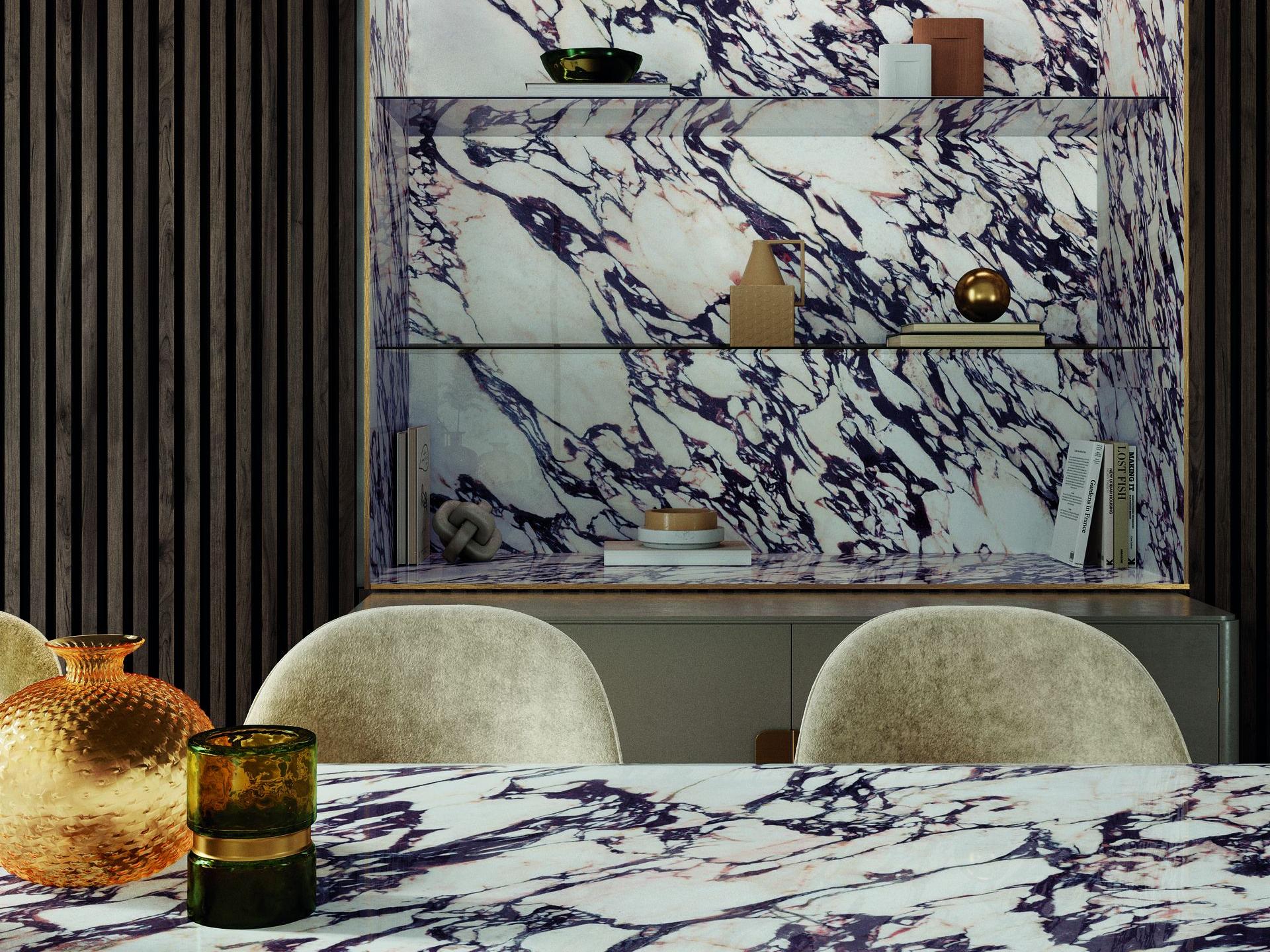 Contemporary kitchen wall featuring large format Calacatta Viola porcelain slabs with shelving.