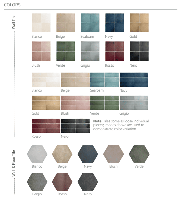 Perfection Matte Porcelain Subway Tile colors: ceramic wall tiles in 10 shades and porcelain hexagon floor tiles in 8 colors including Bianco, Beige, Seafoam, Navy, Gold, Blush, Verde, Grigio, Rosso, and Nero