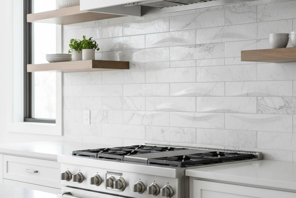 White marble-look quartz subway tile kitchen backsplash with veining