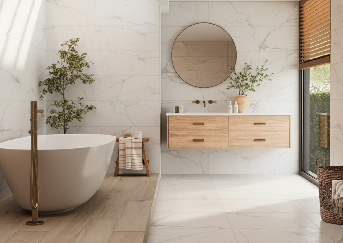 White marble-look quartz tile bathroom walls and flooring