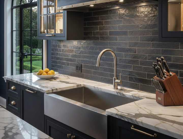 Kitchen backsplash featuring slate look subway tile behind a farmhouse sink, paired with marble countertops and dark cabinetry.