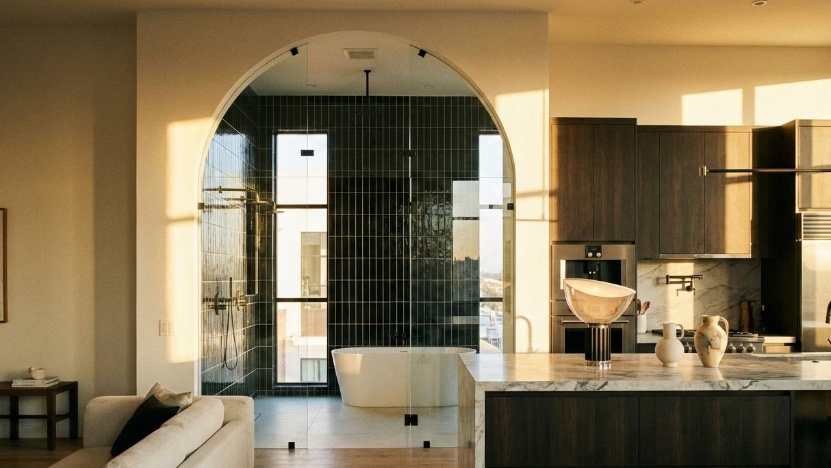 Contemporary bathroom featuring vertical black subway tile accent wall
