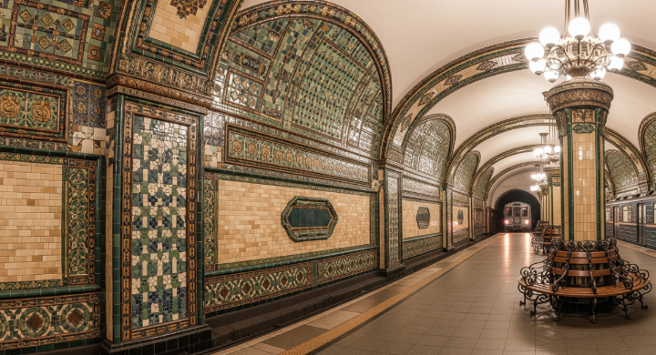 Intricate subway tile pattern at subway station.