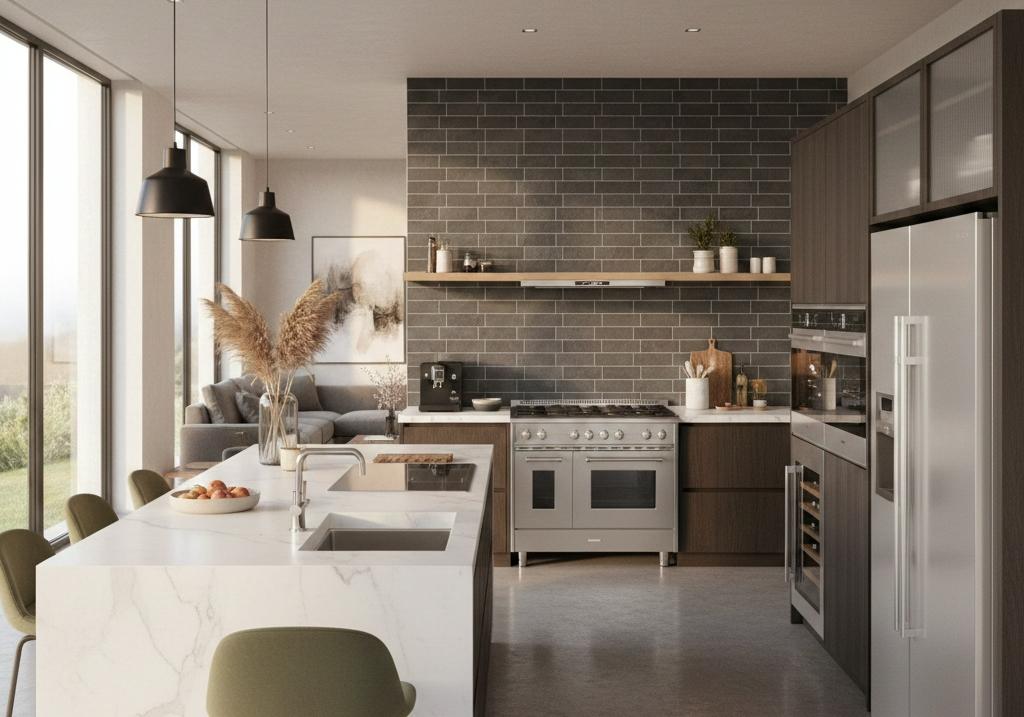 Travertine look subway tiles as kitchen backsplash in modern design